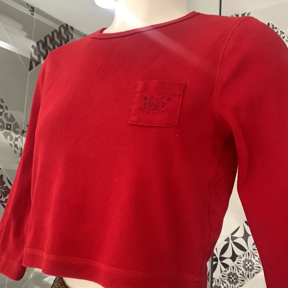 Like 🆕Made in USA RALPH LAUREN VTG Y2K 💯% Cotton 3/4 Sleeves Cropped Top - Picture 3 of 15